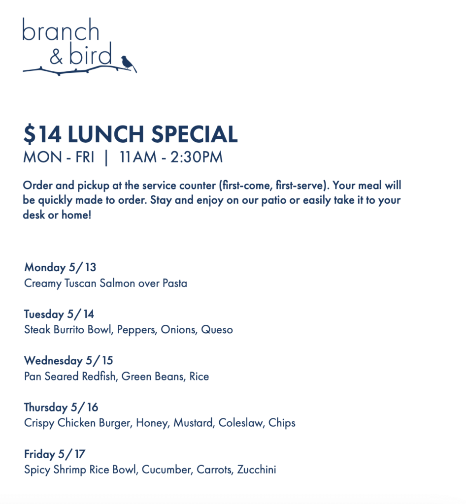 Branch and Bird Lunch Menu